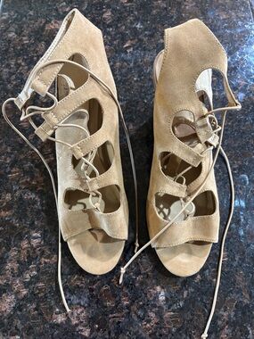 Chinese Laundry Tan Suede Lace-Up Peep-Toe Heels